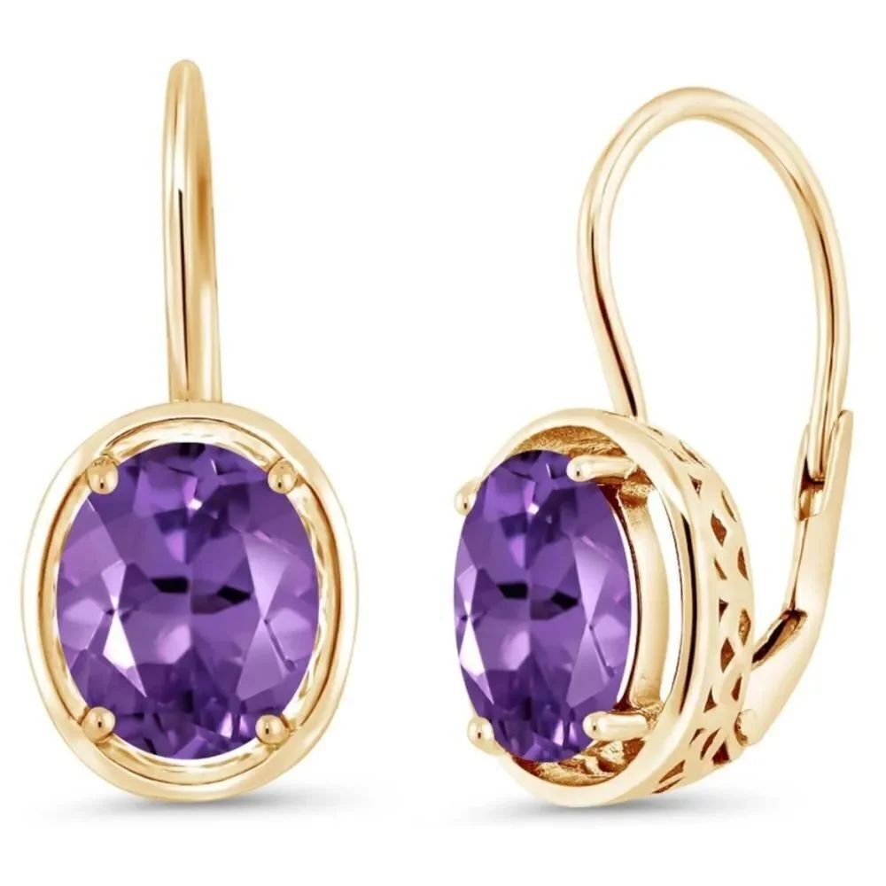18K Yellow Gold 925 with 3.32 Cttw Amethyst Oval Leverback Drop Earrings